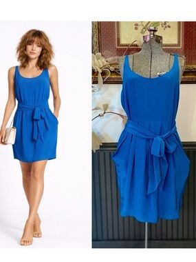 Rebecca Taylor Silk Blouson Tie Waist Sheath Dress Cobalt Blue Sz 6💚🎀